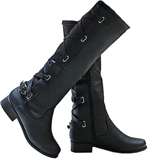 Womens Strappy Motorcycle Knee High Boots Winter Lace Up Riding Flat Low Heel Shoes