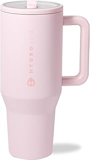 HydroJug Traveler - 40 oz Water Bottle with Handle & Flip Straw - Fits in Cup Holder, Leak Resistant Tumbler-Reusable Insulated Stainless Steel & Rubber Base - Gifts for Women & Men, Pink Sand