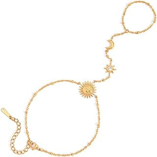 Dainty CZ Moon Sun Star Hand Chain Ring Bracelet for Women Stainless Steel 18k Gold Plated Trendy Adjustable Chain Linked Stackable Finger Ring Bracelet Fashion Jewelry