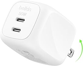 Belkin 2-Port USB C Charger Block 50W, Dual-Port GaN Charger w/ 2x USB C Ports, Fast Charging for MacBook, iPhone 17, iPad Pro, Chromebook, Galaxy S26 Ultra, Pixel 10, etc. - Travel Essentials - White