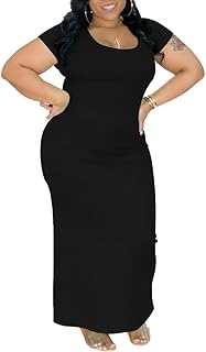 Women Plus Size Bodycon Maxi Dress Stretchy Knit Curve Hugging Short Sleeve Long Dresses