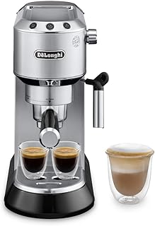 De’Longhi Dedica Espresso Machine with Manual Milk Frother, 15-Bar Pump & Adjustable Tray - Home Barista Coffee Maker for Espresso, Latte, Cappuccino & Iced Coffee - Italian Stainless Steel Design