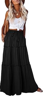 Womens Boho Maxi Skirt 2026 Summer Cruise Casual High Waist Tie Flowy Long Skirt with Pockets For Beach Vacation