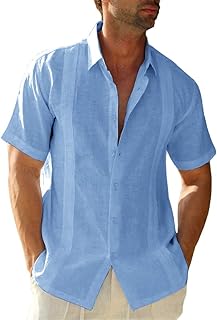 Mens Short Sleeve Cuban Camp Guayabera Shirt Linen Cotton Hippie Beach Button Down Shirts