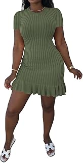 Womens Summer Dresses Short Sleeves Crew Neck Casual Bodycon Mini Dress with Ruffle Hem