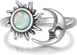 Opal Sun and Moon Ring Adjustable 925 Sterling Silver Crescent Moon face Ring Vintage Jewelry Gifts for Womem
