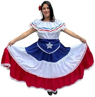 Puerto Rican Traditional Women Fiesta Dress with Blue Flag & Star Belt