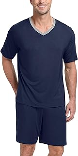 Men's Pajama Set Sleepwear Pjs Lightweight Quick Dry Short Sleeve V-Neck Shirts and Shorts Soft Comfy Sleep Sets