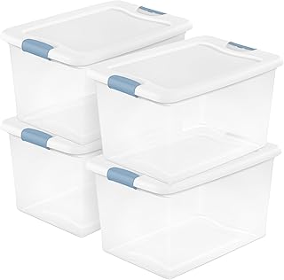 Sterilite 4-Pack 64 Quart Latching Box, Clear Plastic Storage Organizer Bins with White Lids - Large Stackable Containers for Home Bedroom, Dorm Room, and Closet Organization