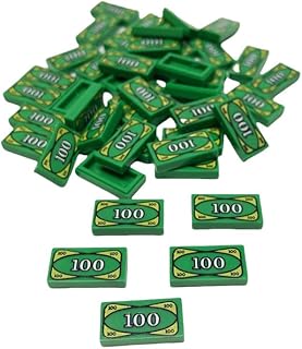 50 Pcs Tiles 1x2 with 100 Dollar Bill Money Print Green, Bulk Tile Money Accessories for Building, Compatible with Lego Parts and Pieces, Great Toy for Kids (50 PCS)