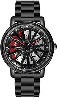 Mens Wrist Watch Creative 3D Spinning Car Wheel Rotating Watches Rim Hub Design Fashion Quartz Stylish Wristwatch with Stainless Steel Strap Gifts for Car Enthusiasts