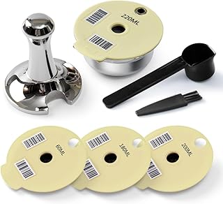 Stainless Steel Reusable Pod for Tassimo-220ML+Extra Lids-200+180+60ML, BENFUCHEN Refillable Pod Stainless Steel for Bosch Tassimo Coffee Machine, with a Coffee Tamper, Off-White Color