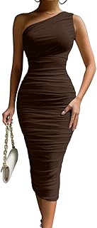 Women's Sexy Bodycon One Shoulder Sleeveless Ruched Midi Club Party Dress