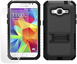 Black/Black Rugged TRI-Shield Soft Skin Hard CASE Cover with Stand and Screen Protector for Boost Mobile Samsung Galaxy Prevail LTE SM-G360 (aka VERIZON Galaxy CORE Prime)