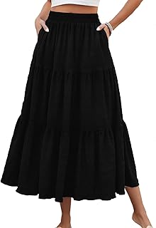 Women's Summer Casual Elegant Smock Layered Tiered Maxi Skirt High Waisted A Line Flowy Long Skirts with Pockets
