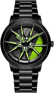 Mens Wrist Watch Creative 3D Spinning Car Wheel Rotating Watches Rim Hub Design Fashion Quartz Stylish Wristwatch with Stainless Steel Strap Gifts for Car Enthusiasts