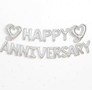 KatchOn, Big Silver Happy Anniversary Balloons - 18 Inch | Happy Anniversary Decorations Banner | Silver Heart Balloons Banner Backdrop, Cursive Balloon for Party Decorations