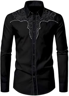 Mens Western Cowboy Shirt Casual Button Down Long Sleeve Embroidered Shirts Fashion Slim Fit Design Shirts