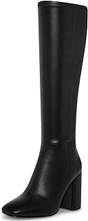 Women's Faux Leather Tall Boots Fashion Square Toe Chunky Heel Knee High Boots with Side Zip