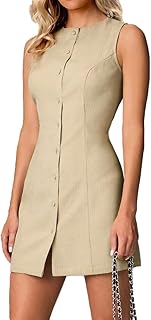 Women Elegant Crew Neck Sleeveless Button Down Mini Dress Business Casual Tie Back Slim Fit A Line Short Dress