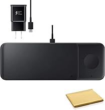 Wireless Charger Trio, Qi Compatible - Fast Charge up to 3 Devices at Once - for Galaxy Phones, Buds, Watches, and Apple iPhone Devices, Includes Microfiber Cleaning Cloth - Black