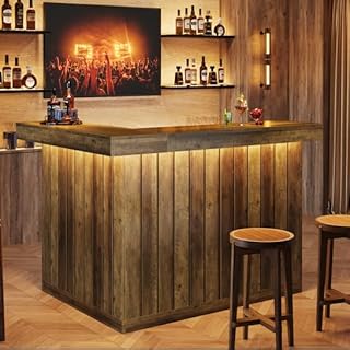 Tribesigns Home Bar Unit, L Shaped Bar Table for Home, 4-Tier Corner Liquor with Storage Shelves and Wine Glasses Holder, Industrial Wine Cabinet Reception Desk for Basement (1, Brown)