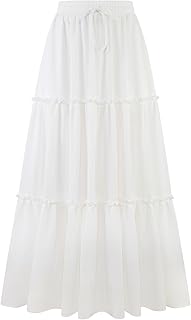 Women's Summer Maxi Skirt Trendy High Waist Pleated Ruffle Long Skirts Flowy Beach Boho Skirt Dress with Pockets