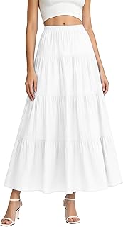 Women's Boho Maxi Skirt Summer Flowy Long Tiered A-Line Elastic High Waist Pleated Beach Skirt