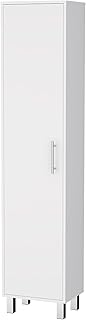 Tall Storage Cabinet, Slim Broom Closet with Single Door, 5-Tier Cabinet, 3 Broom Hangers, Modern White, Melamine Finish