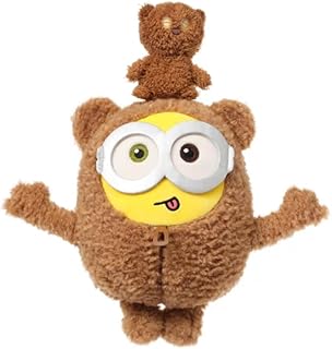 Minions Bob in Bear Outfit Plush Doll 9 Inch, Ultra-Soft Fluffy Stuffed Animal with Tiny Teddy Bear, Huggable Plush Toy for Kids, Kawaii Plushies Birthday Gift for Toddler Boys Girls Room decor