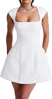 Women Square Neck Cap Sleeve Mini Dress Elegant Bodycon A Line Dress Summer Cocktail Party Short Dresses Clubwear