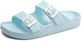 Women's Comfort Slides with Arch Support, Non-Slip Lightweight Foam Slip-on Flat Beach Sandals with Adjustable Buckle for Vacation & Everyday Wear