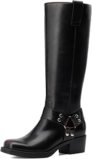 Women's Knee High Boots Motorcycle Riding Pull-on Fashion Long Square Toe Buckle Biker Boots for Women