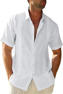 Mens Short Sleeve Cuban Camp Guayabera Shirt Linen Cotton Hippie Beach Button Down Shirts White