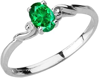 14K White Gold Oval Cut Green Emerald Solitaire Swirled Wavy May Birthstone Promise or Engagement Ring - Size 8