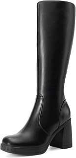 Knee High Boots for Women Platform Square Toe Chunky Block Heeled Stylish Comfortable Tall Boots with Side Zipper