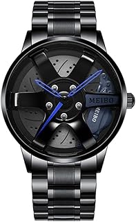 ariarly Men's Sports Watch 3D Hollow Wheel Design Stainless Steel Watch Water Proof Car Wheel Watches (Blue)