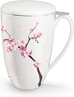 Tea Cup with Infuser and Lid for Steeping Loose Leaf Tea Bag Coffee Milk Women Office Home Gift 16oz Peach Blossoms