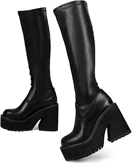 Womens Elastic Knee High Platform Chunky Block High Heel Sock Boots Zipper Round Toe Fashion Motorcycle Combat Punk Boots For Women