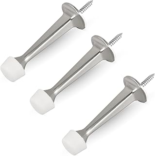 HOMOTEK 3 Pack Heavy Duty Solid Rigid Door Stop with Soft Rubber Tip, Zinc Die Cast Door Stopper Protect Wall & Door, Satin Nickel