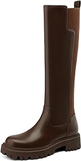 TEAIEU Knee High Boots for Women, Platform Chunky Block Low Heel Tall Boots, Round Toe Side Zipper Fall Long Boots for Dress, Stretch Calf, Comfortable