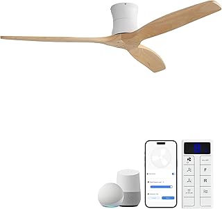 Sofucor 52" Smart Ceiling Fan No Light, Solid Wood Low Profile Ceiling Fan with Remote, Flush Mount Ceiling Fan Works with Alexa/Google/App 6-Speed Timing Reversible DC Motor for Living Room Bedroom