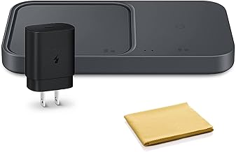 15W Wireless Charger Duo w/USB C Cable, Fast Charge 2 Devices at Once, Cordless Charging Pad for Galaxy Phones and Devices, 2022, includes Microfiber Cleaning Cloth - Black