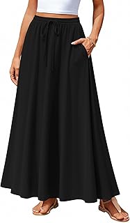 Women's Flowy Maxi Skirt Summer Boho Pleated Elastic Waisted Casual Beach Long Skirts with Pockets