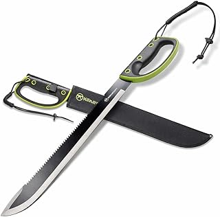 24 Inch Machete Serrated Knife, Drop Point Tip to Saw Cut Branches, Clearing Brush, Gardening, Hiking, Outdoors Black Finish 910039