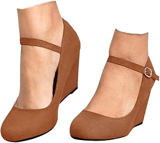Womens Wedge Pumps Dressy Mary Jane Shoes Comfort Wedges Closed Toe Ankle Strap Heeled Shoes