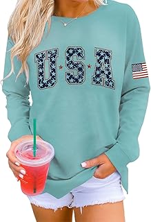 Womens USA Shirt Casual Long Sleeve Graphic Tees Knit Crew Neck Sweatshirts Loose Pullover