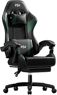 HLDIRECT Gaming Chair, Ergonomic Computer Office Chair with Lumbar Support Footrest Headrest, Adjustable Height & Backrest Angle Video Gamer Chair, PU Leather, 360° Swivel, Adult (Black&Green)