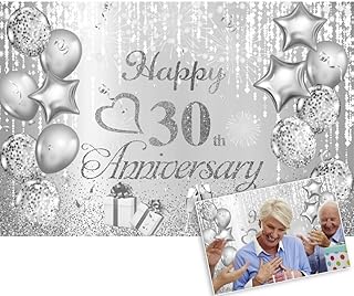 Silver Happy 30th Anniversary Backdrop 30th Wedding Anniversary Photography Backdrop 30 Years Birthday Marriage Anniversary Party Decorations Photo Background Wall Decor Banner 6x4ft
