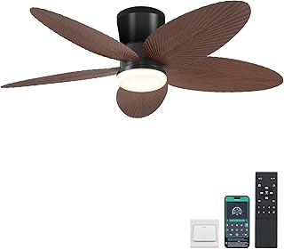Surtime Palm Leaf Ceiling Fans with Lights-42 Tropical Ceiling Fan with Light and Remote/APP Control,Flush Mount Low Profile Ceiling Fans for Bedroom,Indoor/Outdoor Patio Use(Brown)